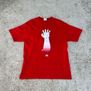 Vintage 90s Majestic L Texas Rangers Hand Graphic Red Short Sleeve Shirt USA